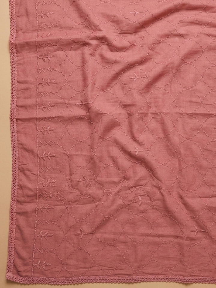 Onion Pink Embroidered Cotton Blend Unstitched Suit &amp; Pant With Cotton Dupatta