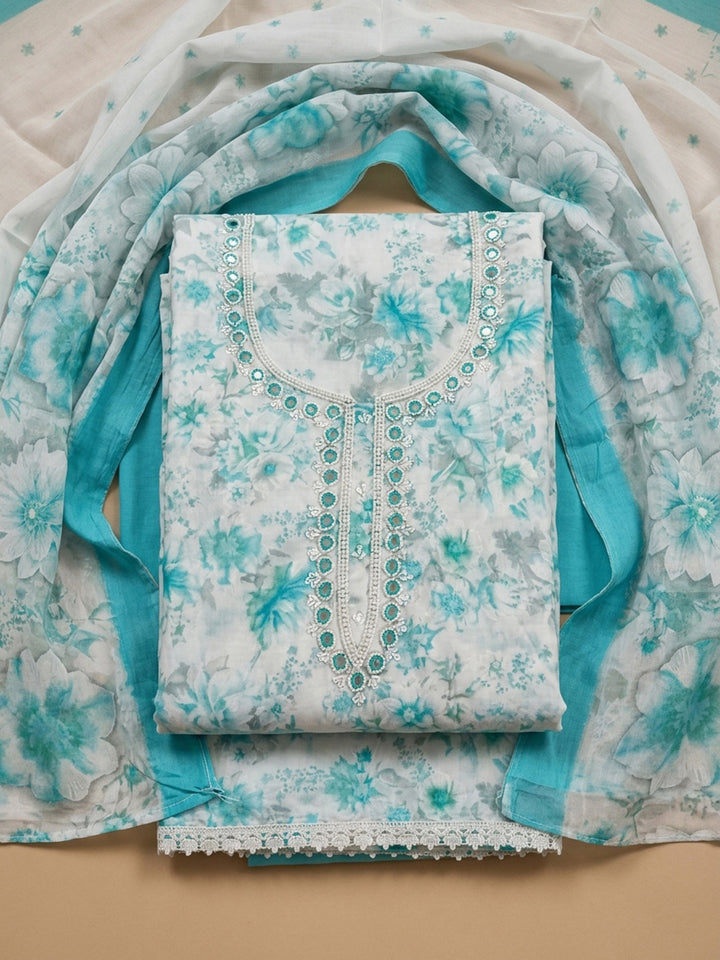 Firozee Embroidered Cotton Blend Unstitched Suit &amp; Pant With Cotton Dupatta