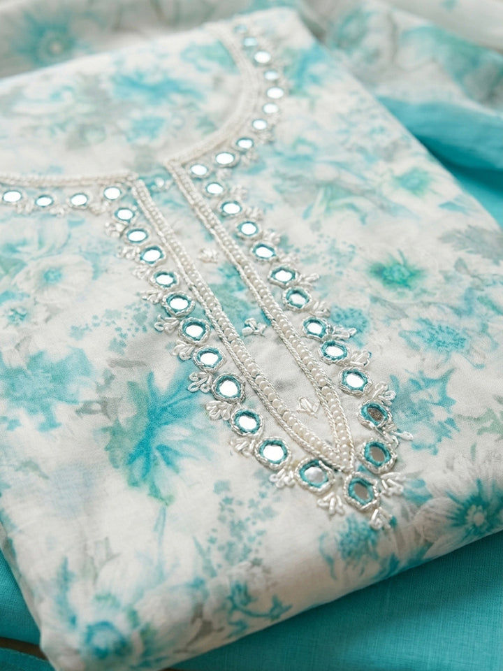 Firozee Embroidered Cotton Blend Unstitched Suit &amp; Pant With Cotton Dupatta