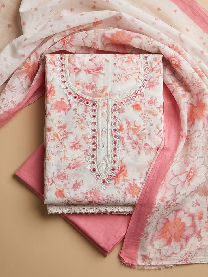 Peach Embroidered Cotton Blend Unstitched Suit &amp; Pant With Cotton Dupatta