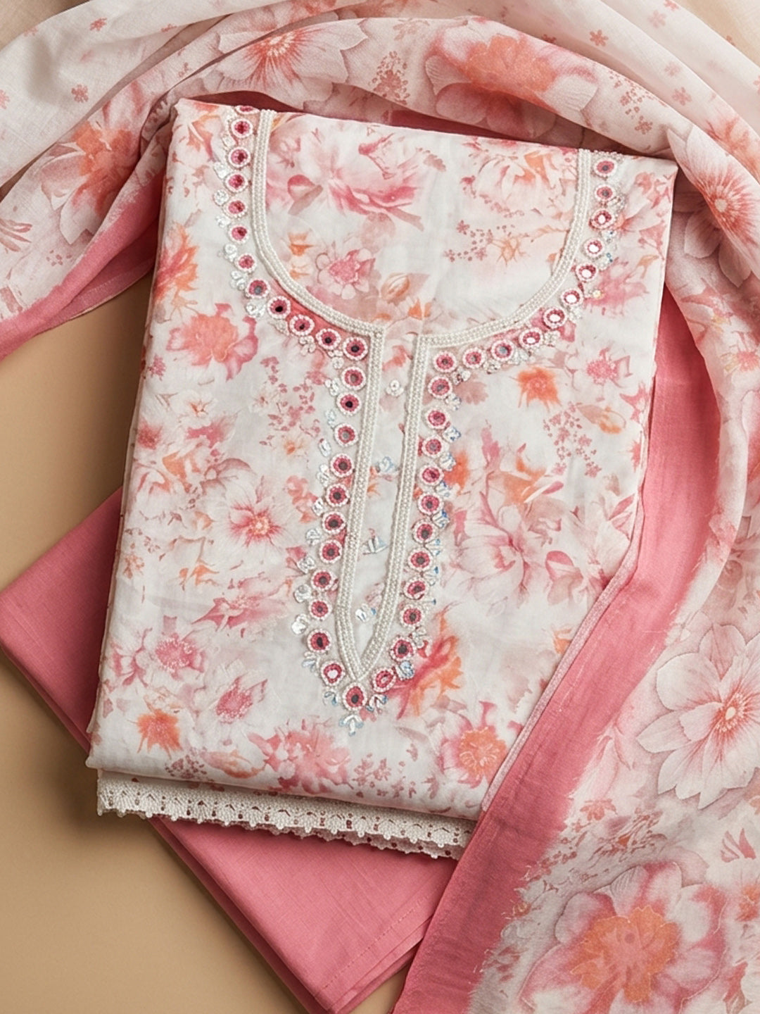 Peach Embroidered Cotton Blend Unstitched Suit &amp; Pant With Cotton Dupatta