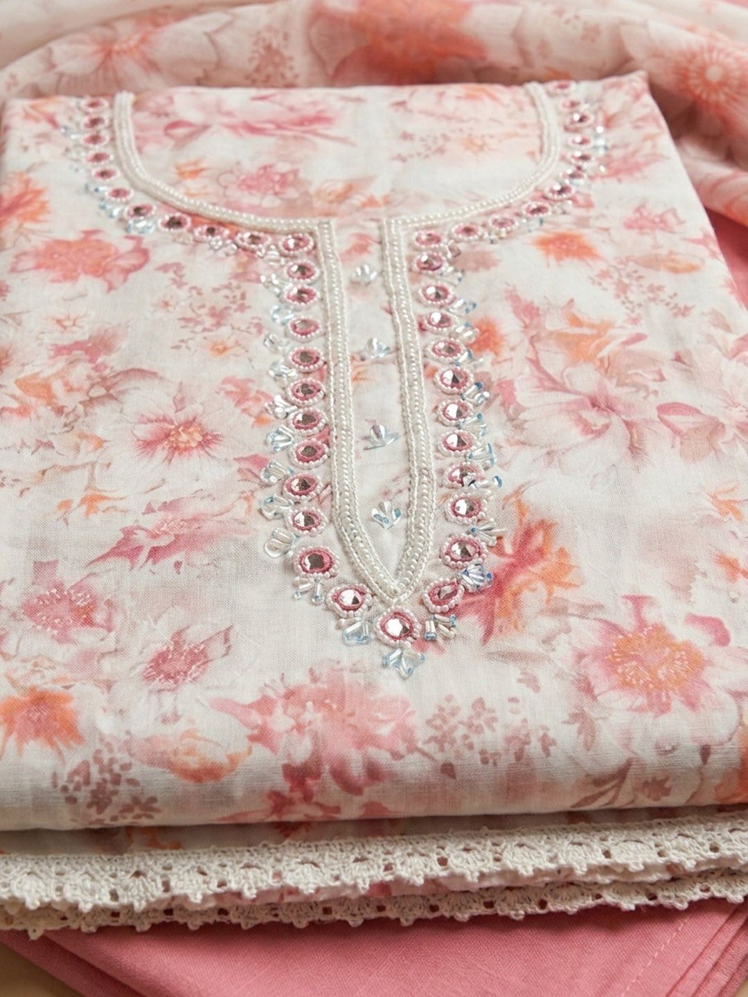 Peach Embroidered Cotton Blend Unstitched Suit &amp; Pant With Cotton Dupatta