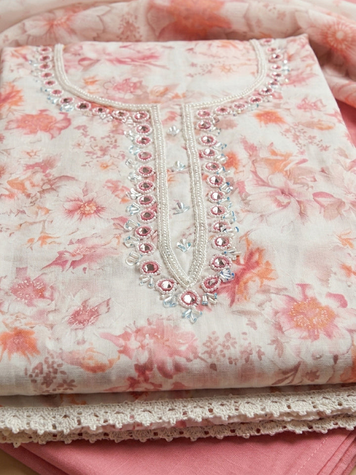 Peach Embroidered Cotton Blend Unstitched Suit &amp; Pant With Cotton Dupatta