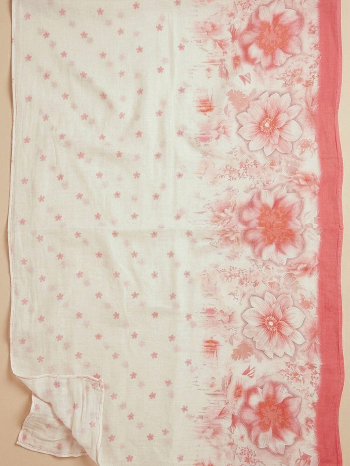 Peach Embroidered Cotton Blend Unstitched Suit &amp; Pant With Cotton Dupatta