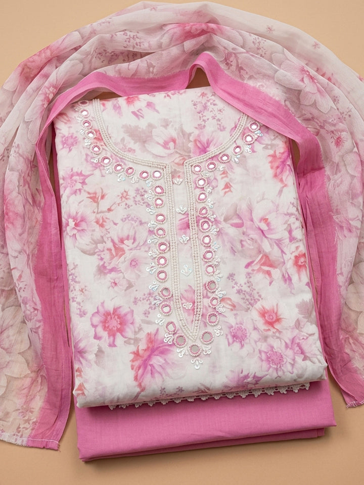 Pink Embroidered Cotton Blend Unstitched Suit &amp; Pant With Cotton Dupatta