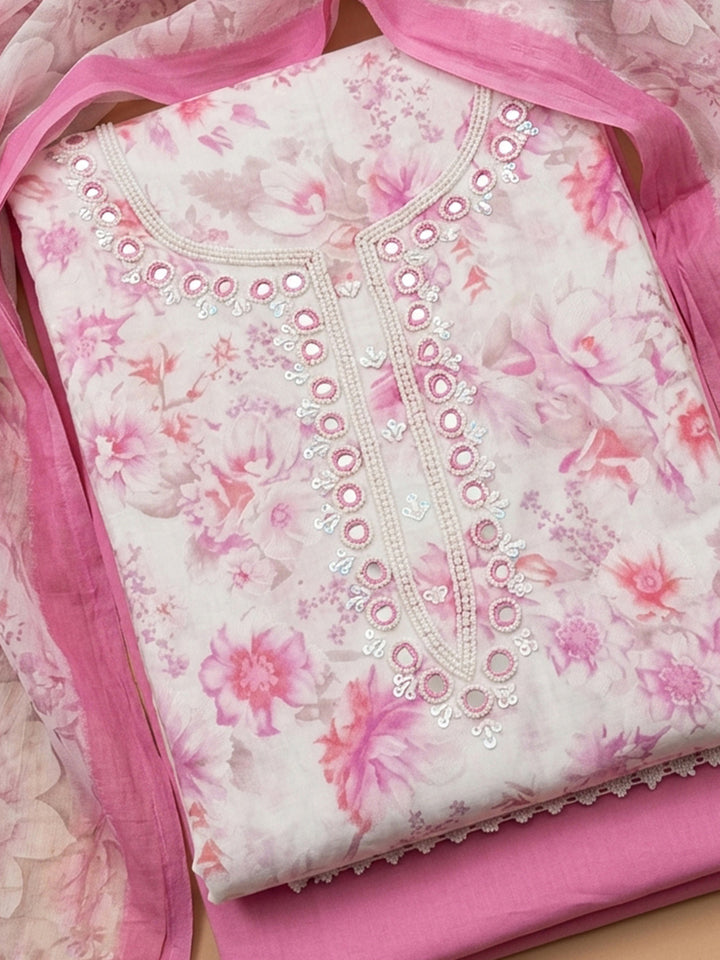 Pink Embroidered Cotton Blend Unstitched Suit &amp; Pant With Cotton Dupatta
