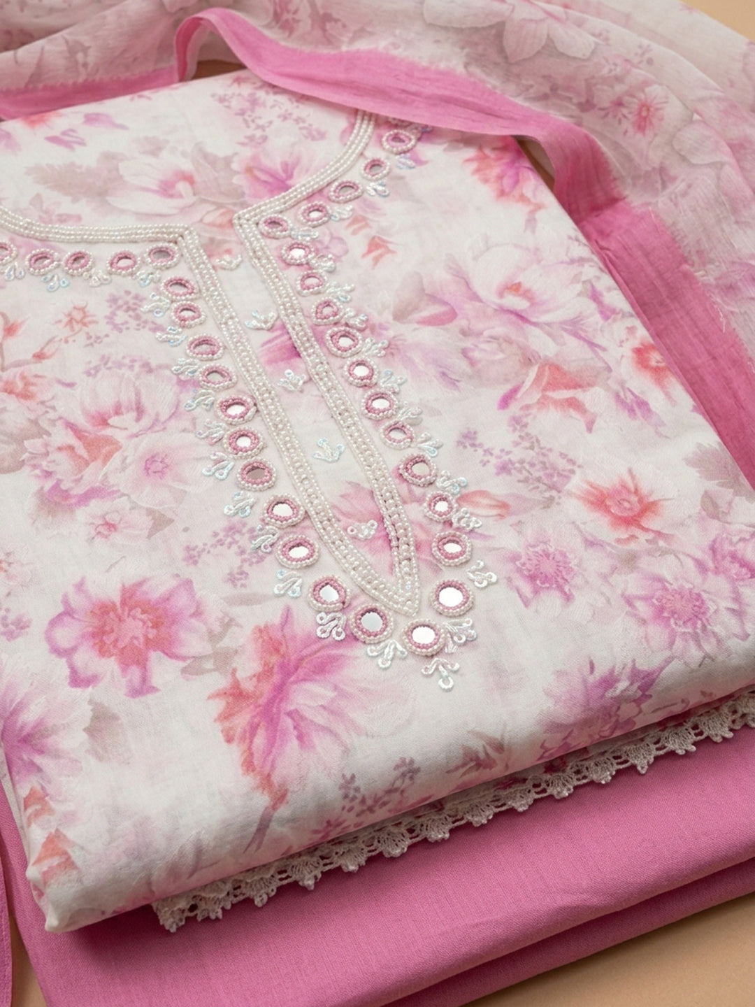 Pink Embroidered Cotton Blend Unstitched Suit &amp; Pant With Cotton Dupatta