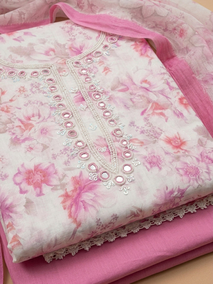 Pink Embroidered Cotton Blend Unstitched Suit &amp; Pant With Cotton Dupatta