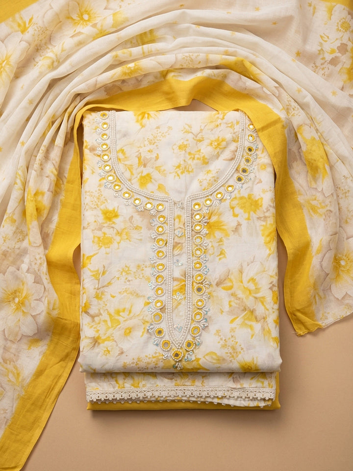 Yellow Embroidered Cotton Blend Unstitched Suit &amp; Pant With Cotton Dupatta