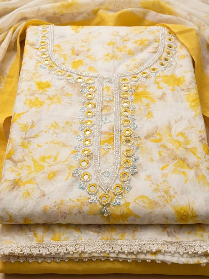 Yellow Embroidered Cotton Blend Unstitched Suit &amp; Pant With Cotton Dupatta
