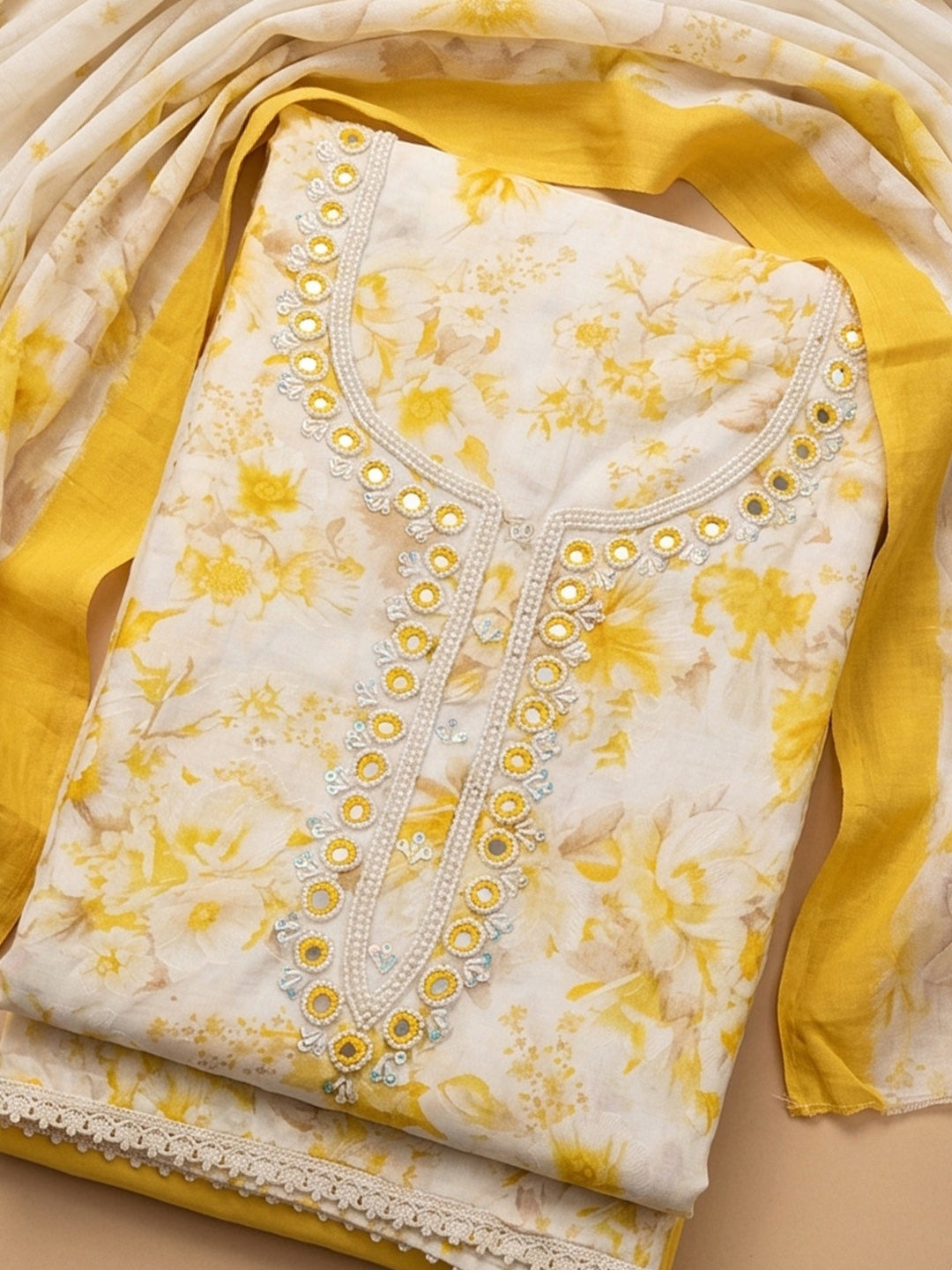 Yellow Embroidered Cotton Blend Unstitched Suit &amp; Pant With Cotton Dupatta