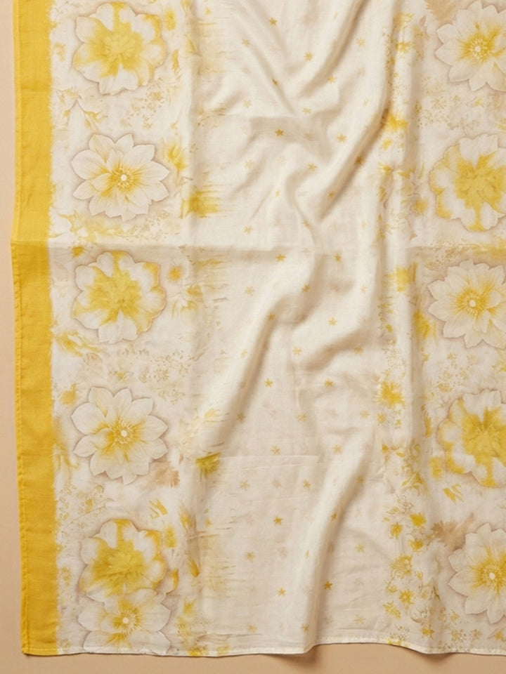 Yellow Embroidered Cotton Blend Unstitched Suit &amp; Pant With Cotton Dupatta