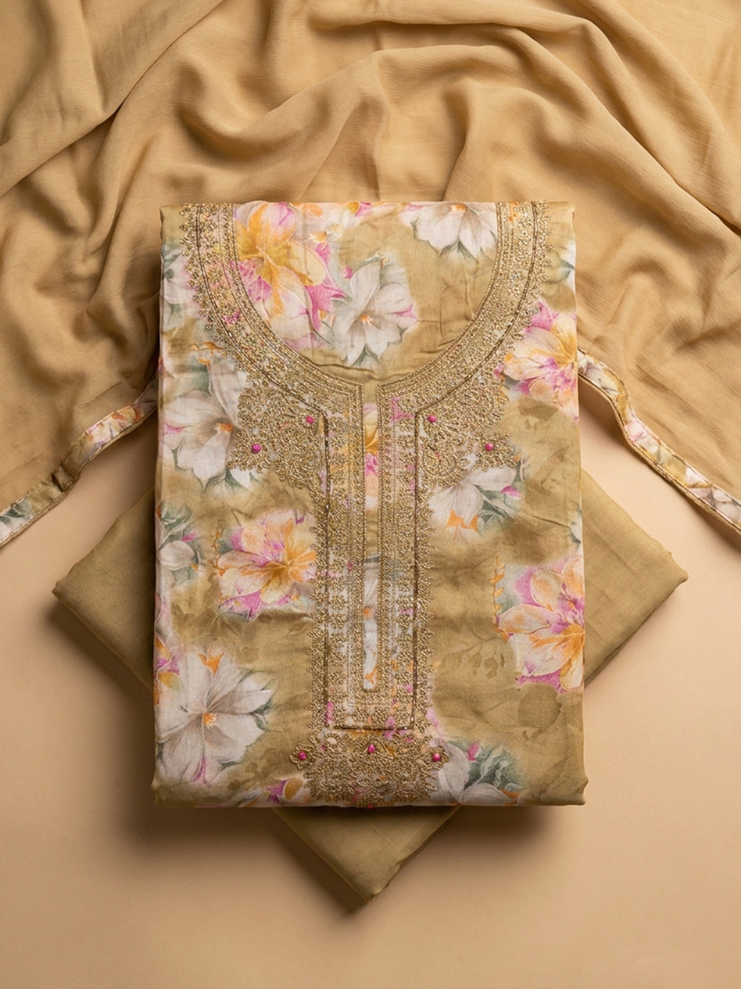 Beige Embroidery Cotton Blend Unstitched Dress Material