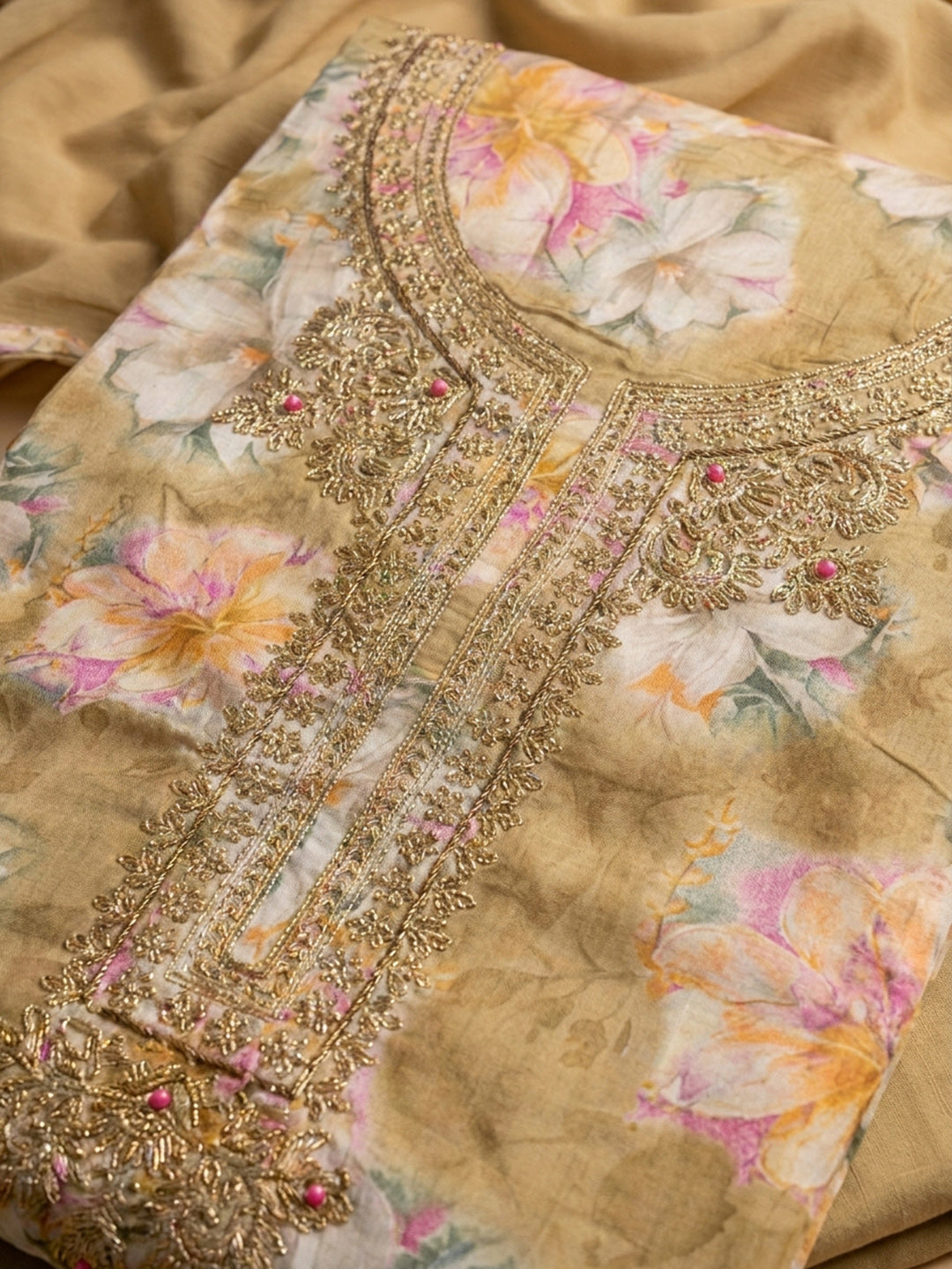 Beige Embroidery Cotton Blend Unstitched Dress Material