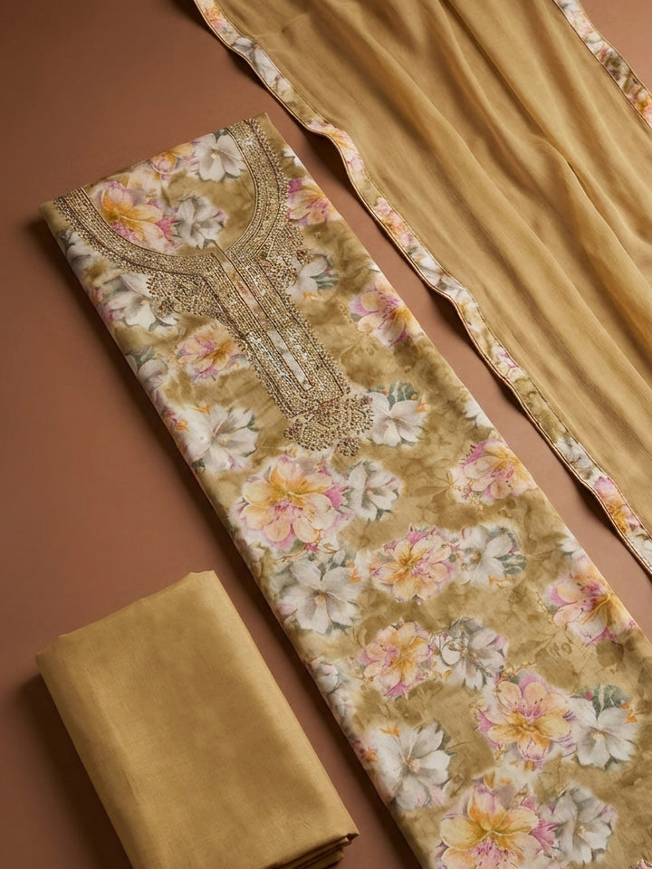 Beige Embroidery Cotton Blend Unstitched Dress Material