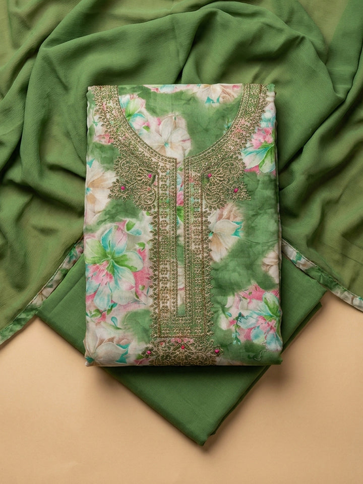 Bottle Green Embroidery Cotton Blend Unstitched Dress Material