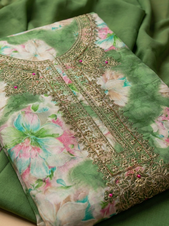 Bottle Green Embroidery Cotton Blend Unstitched Dress Material