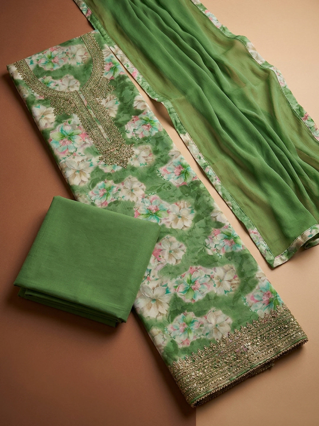 Bottle Green Embroidery Cotton Blend Unstitched Dress Material