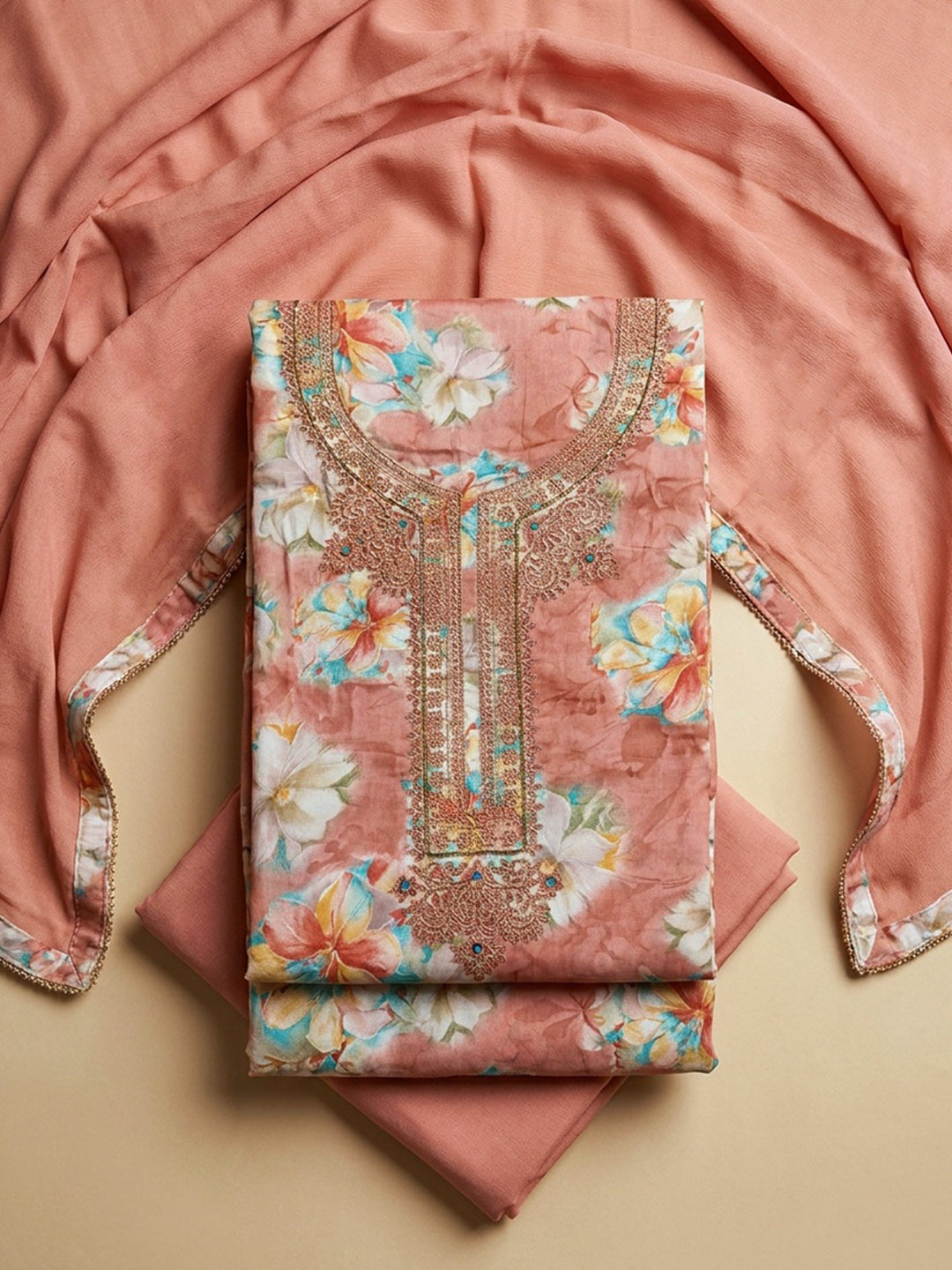 Peach Embroidery Cotton Blend Unstitched Dress Material