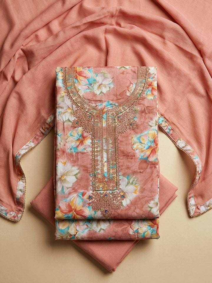 Peach Embroidery Cotton Blend Unstitched Dress Material