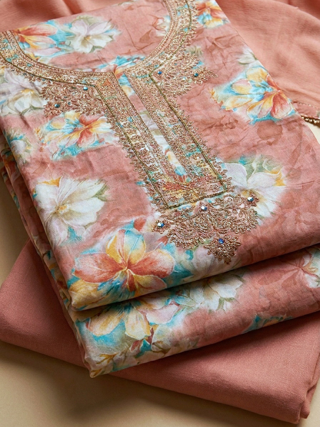Peach Embroidery Cotton Blend Unstitched Dress Material