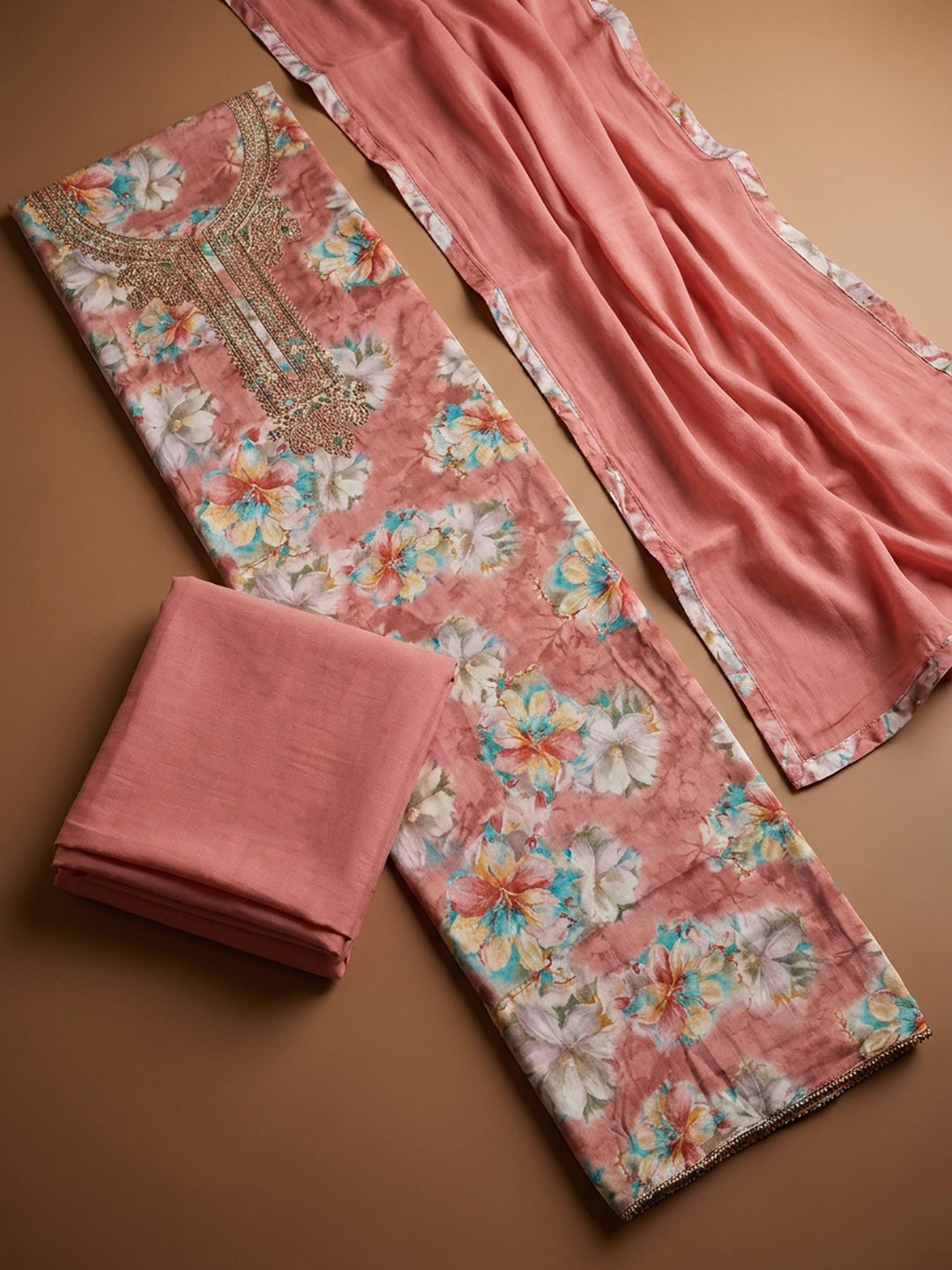 Peach Embroidery Cotton Blend Unstitched Dress Material