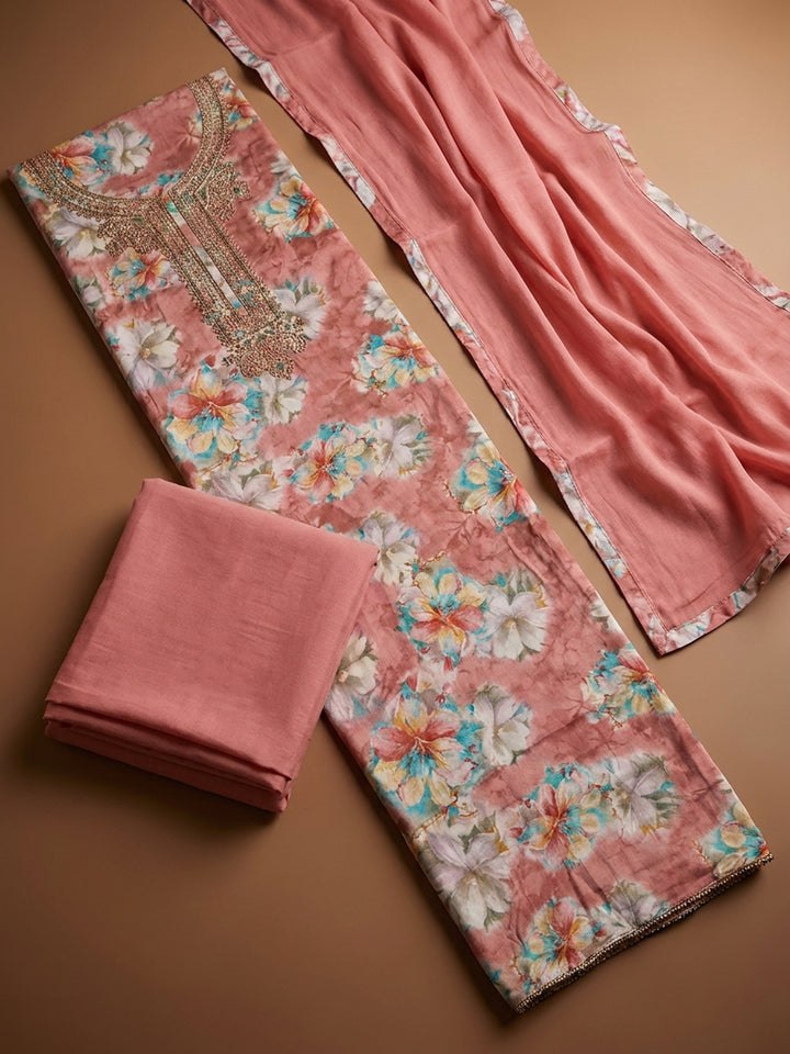 Peach Embroidery Cotton Blend Unstitched Dress Material