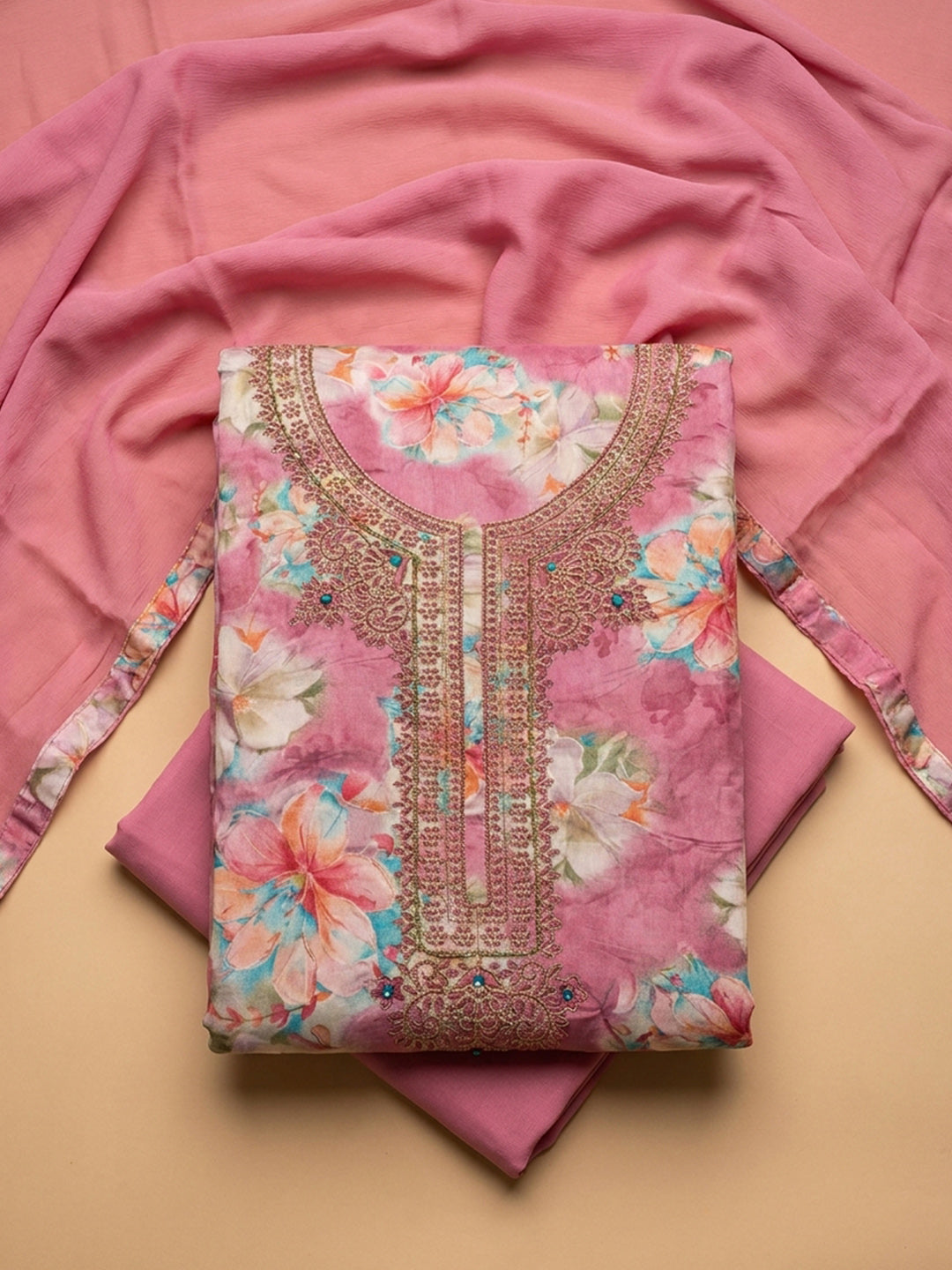 Pink Embroidery Cotton Blend Unstitched Dress Material