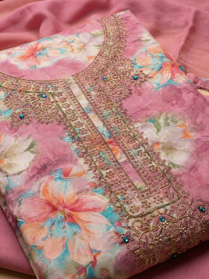 Pink Embroidery Cotton Blend Unstitched Dress Material