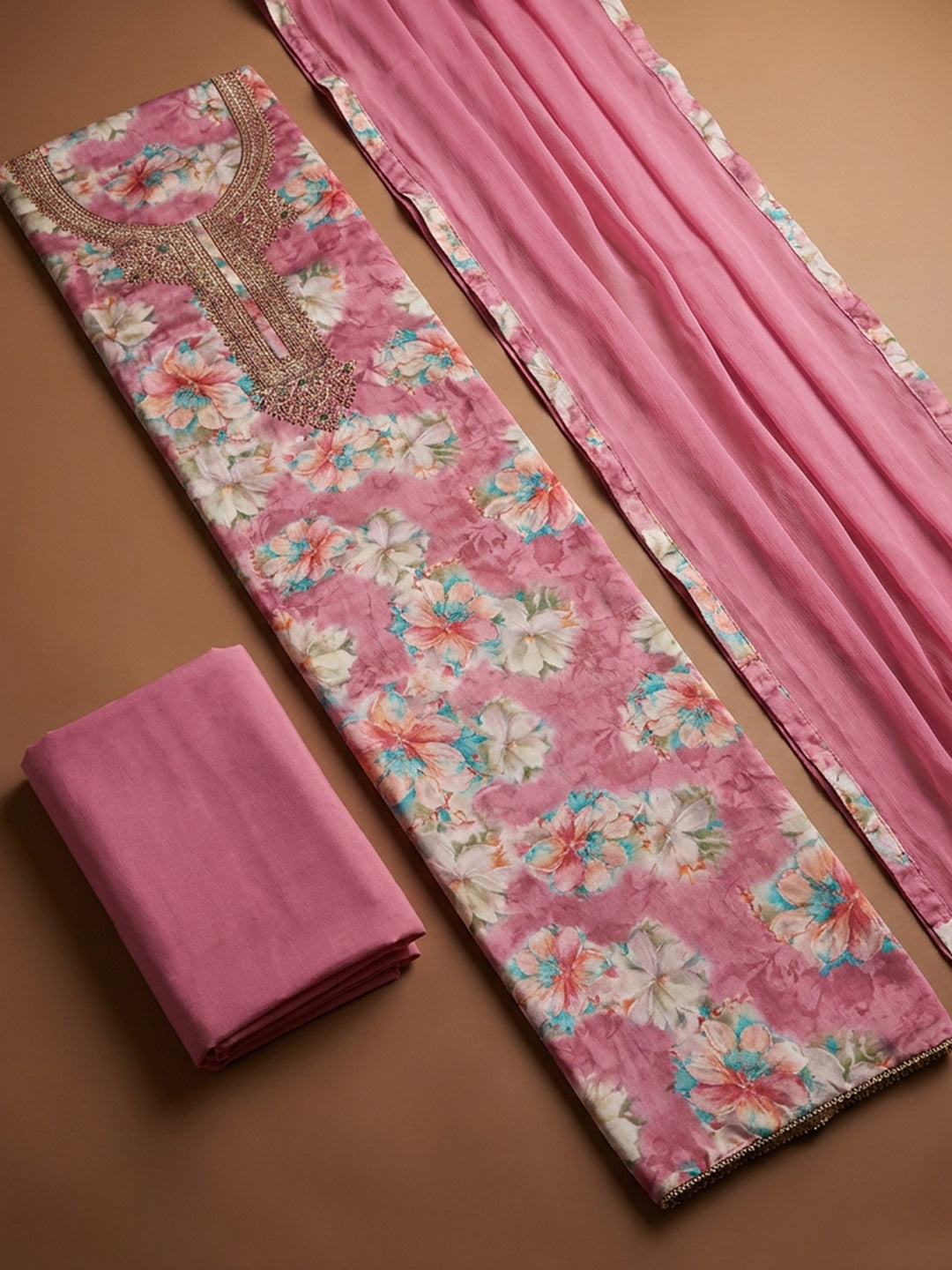 Pink Embroidery Cotton Blend Unstitched Dress Material