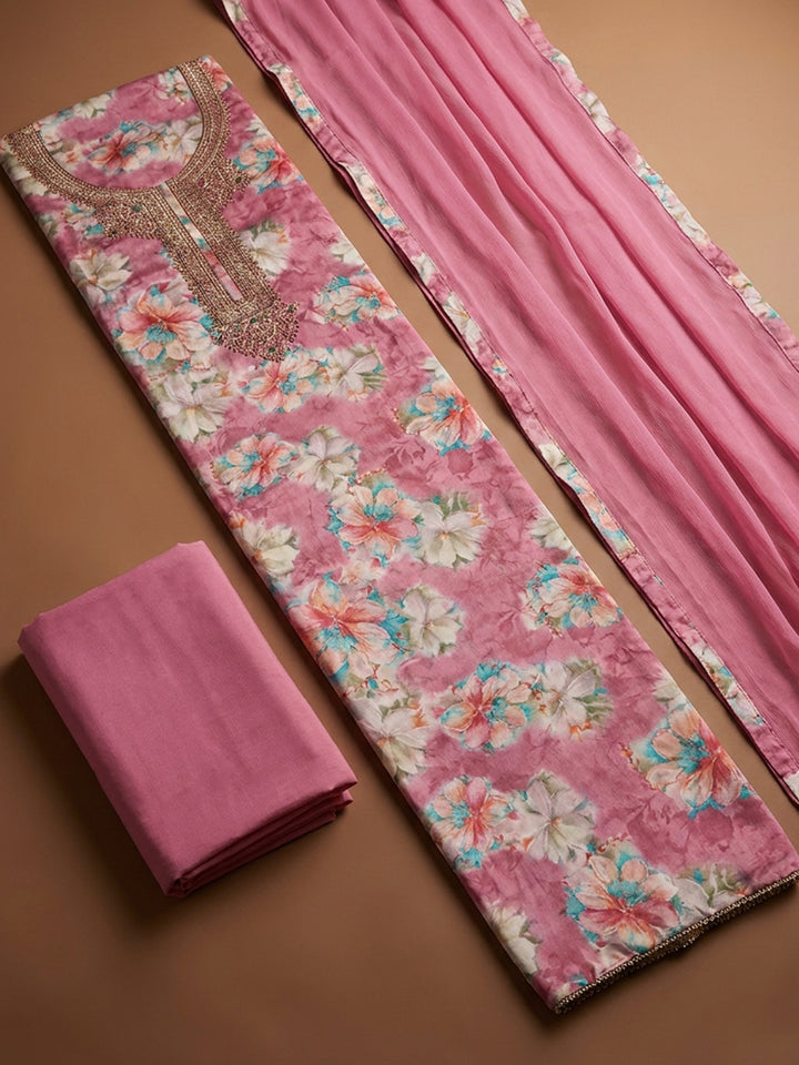 Pink Embroidery Cotton Blend Unstitched Dress Material