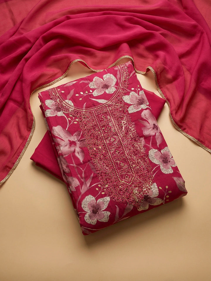 Hot Pink Embroidery Cotton Blend Unstitched Dress Material