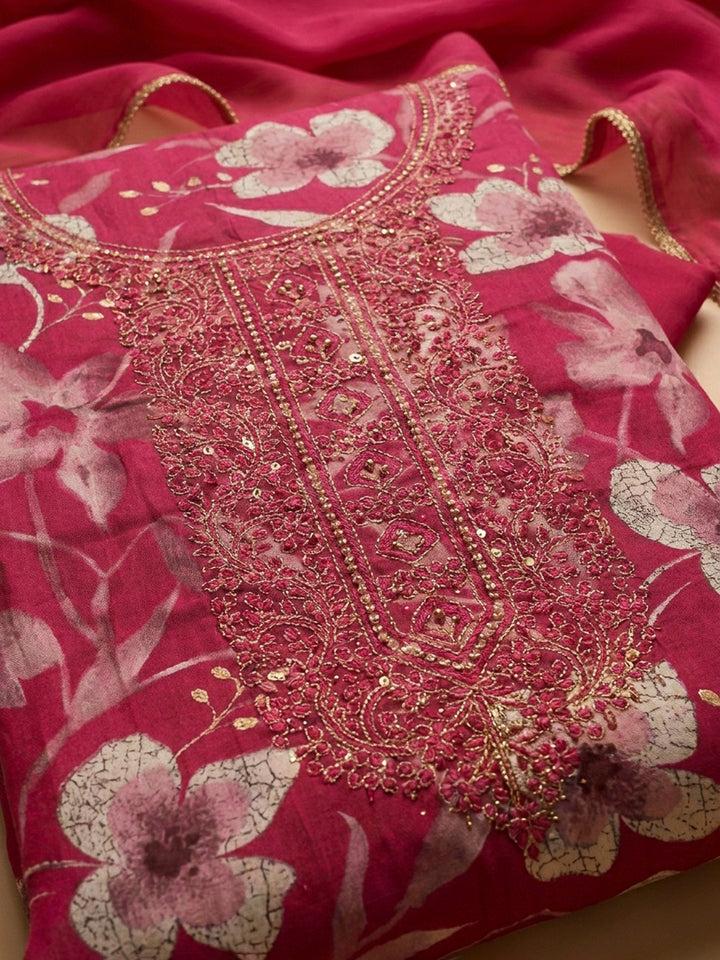 Hot Pink Embroidery Cotton Blend Unstitched Dress Material