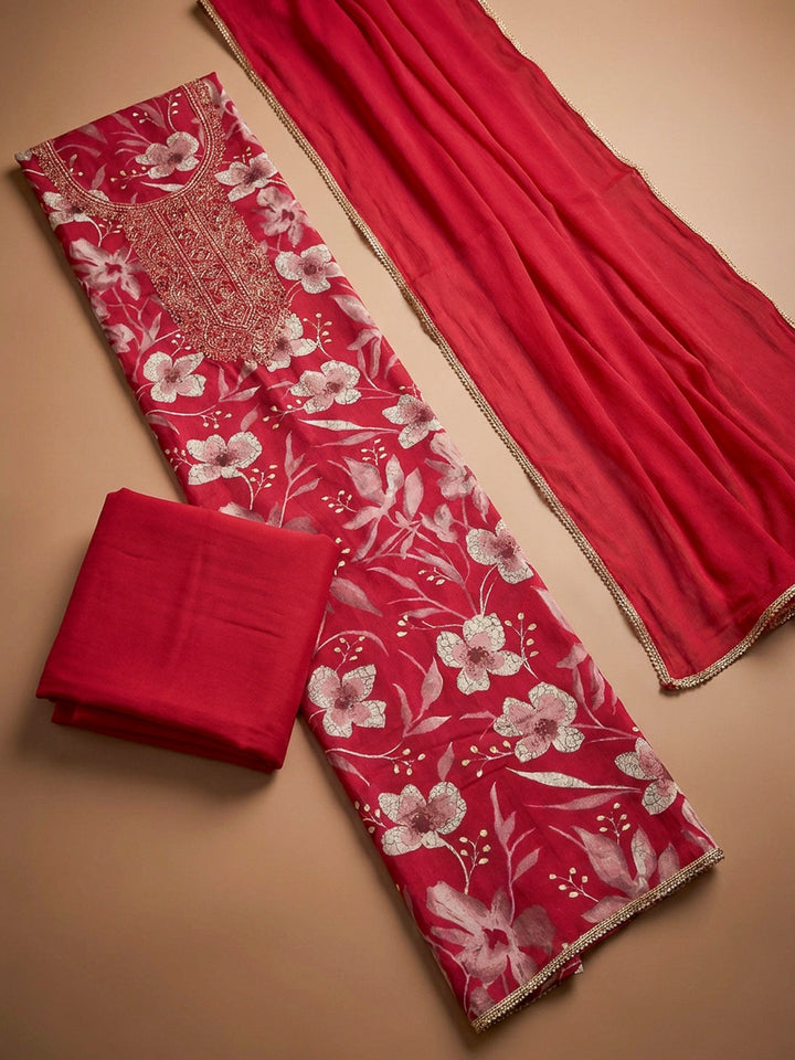 Hot Pink Embroidery Cotton Blend Unstitched Dress Material