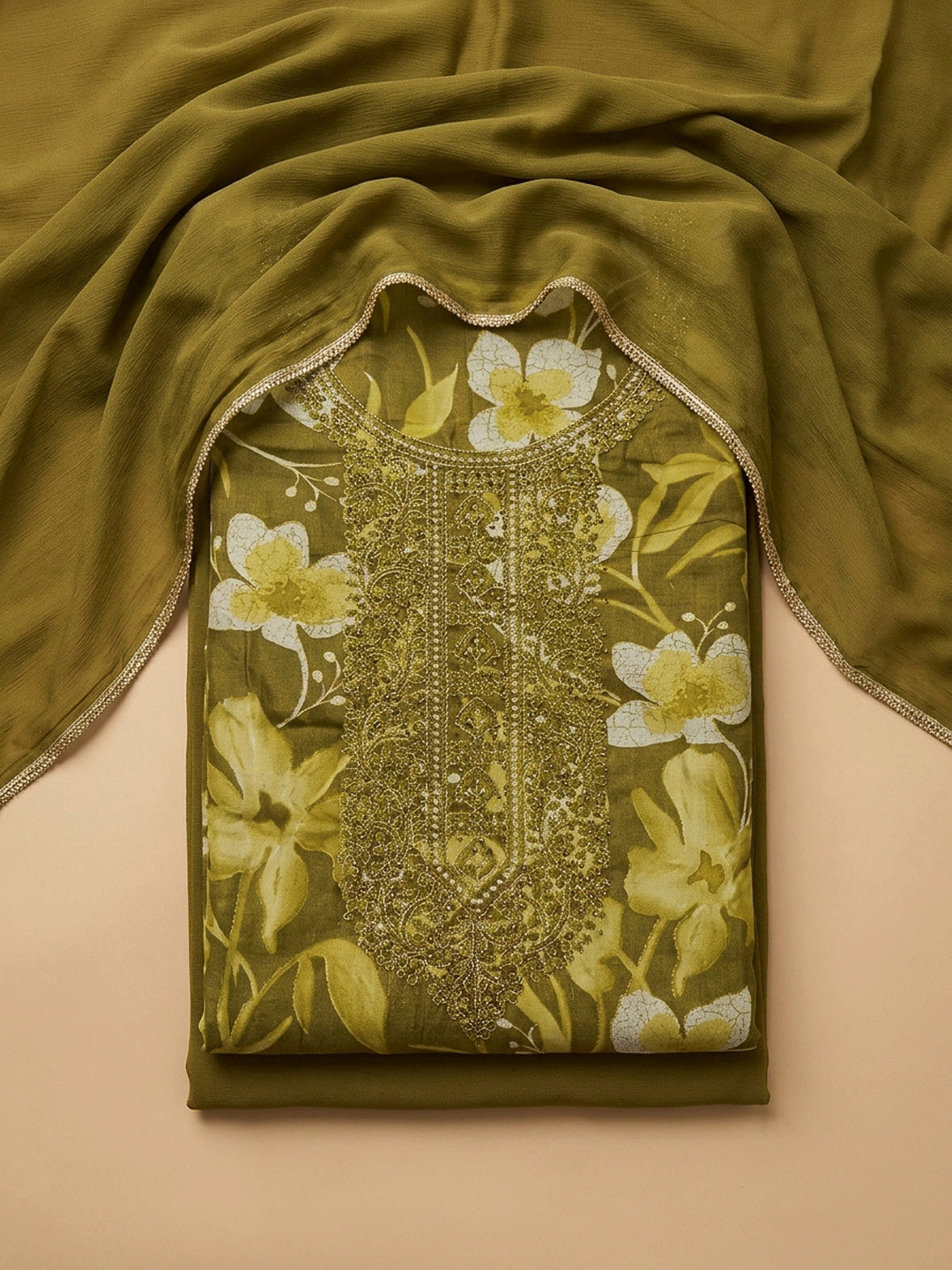 Mehndi Embroidery Cotton Blend Unstitched Dress Material