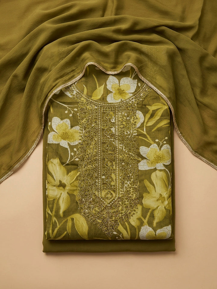 Mehndi Embroidery Cotton Blend Unstitched Dress Material