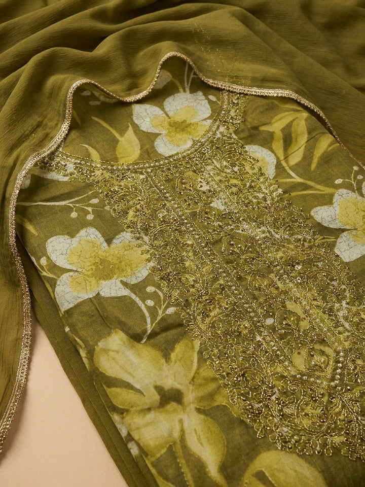 Mehndi Embroidery Cotton Blend Unstitched Dress Material