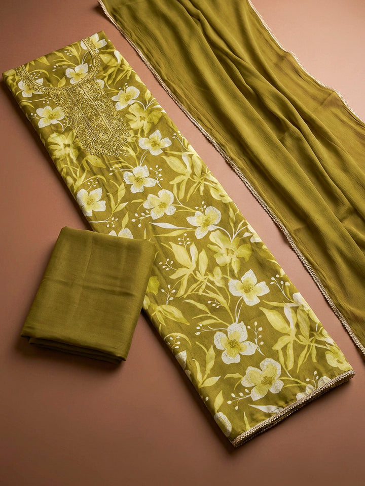 Mehndi Embroidery Cotton Blend Unstitched Dress Material