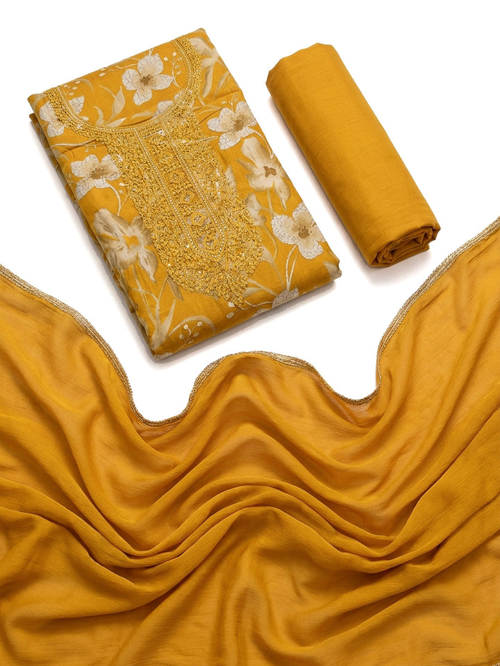 Mustard Embroidery Cotton Blend Unstitched Dress Material