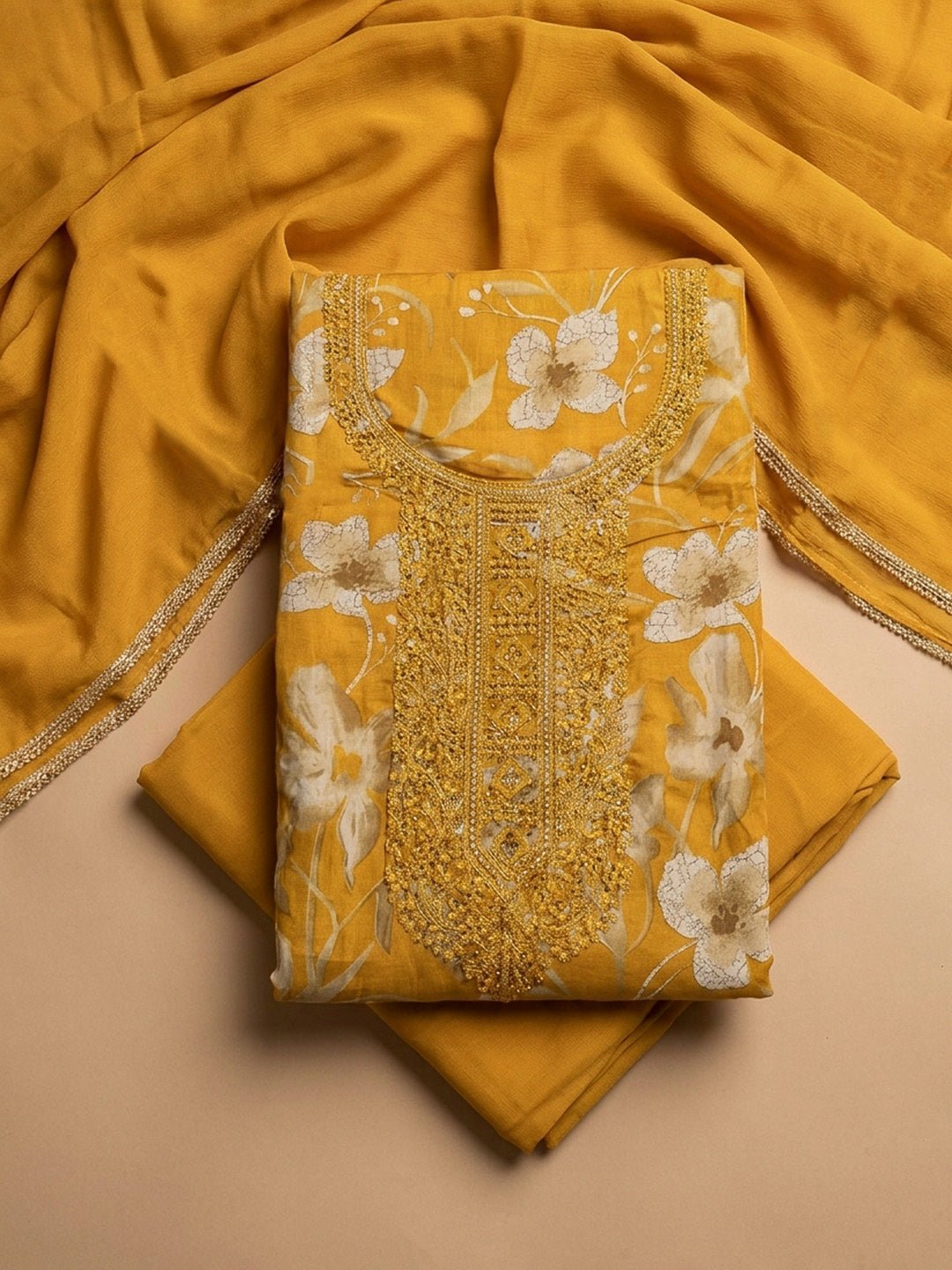 Mustard Embroidery Cotton Blend Unstitched Dress Material