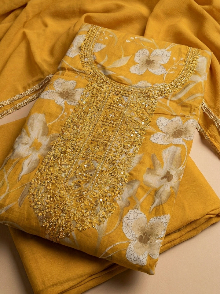 Mustard Embroidery Cotton Blend Unstitched Dress Material