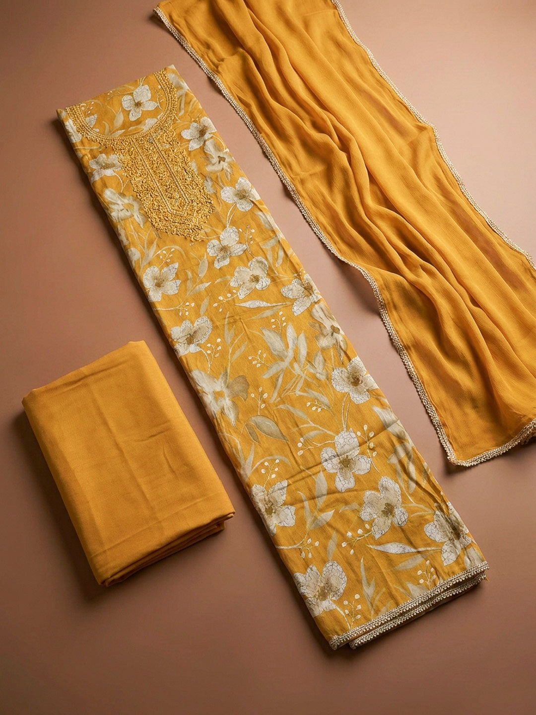 Mustard Embroidery Cotton Blend Unstitched Dress Material