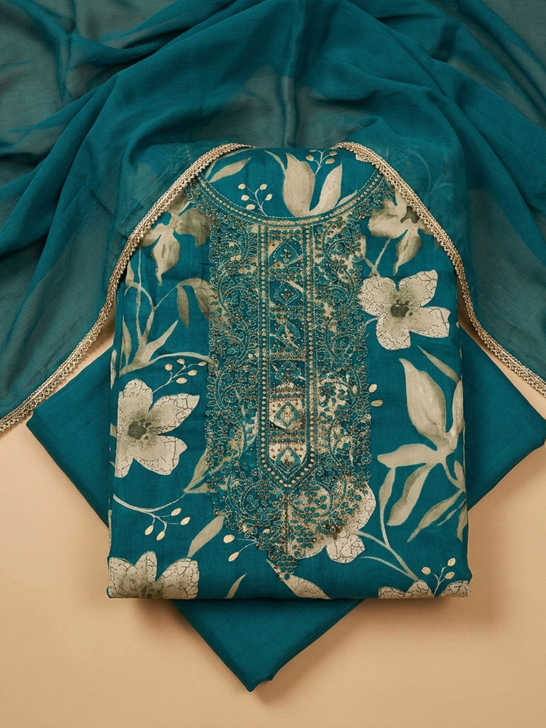 Teal Blue Embroidery Cotton Blend Unstitched Dress Material