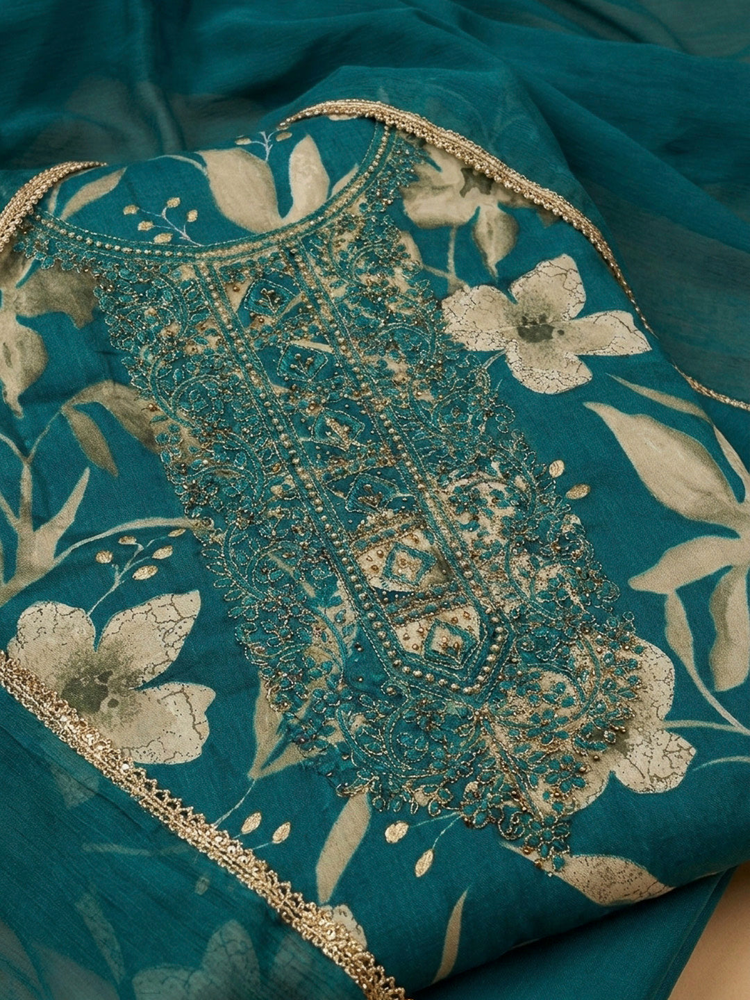 Teal Blue Embroidery Cotton Blend Unstitched Dress Material