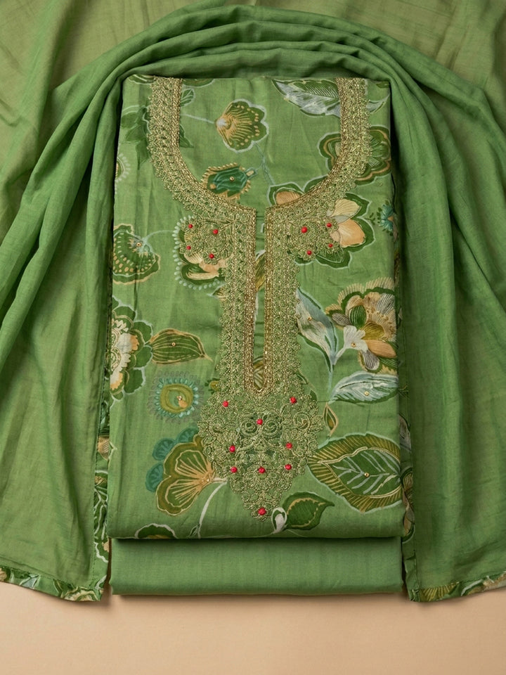 Green Embroidery Cotton Blend Unstitched Dress Material