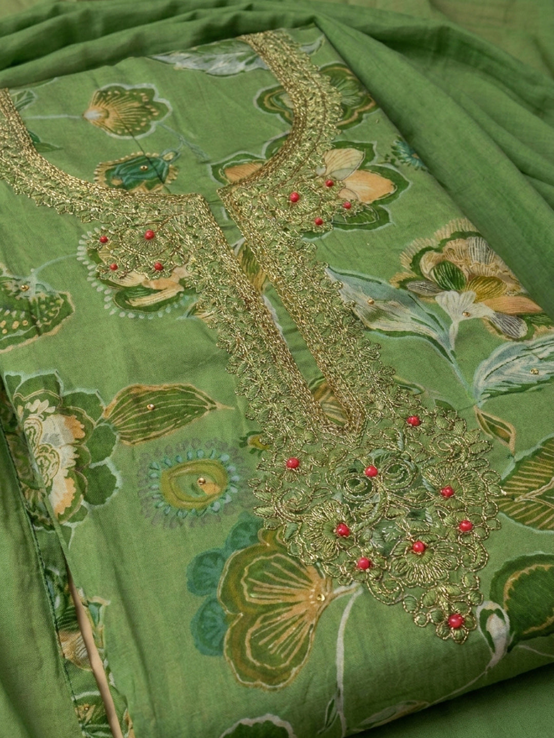Green Embroidery Cotton Blend Unstitched Dress Material
