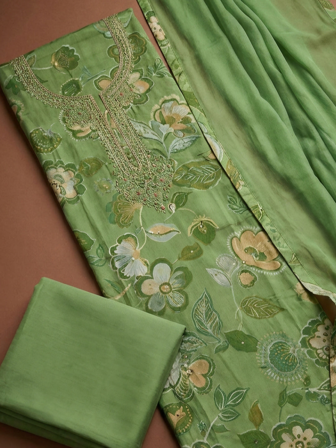 Green Embroidery Cotton Blend Unstitched Dress Material