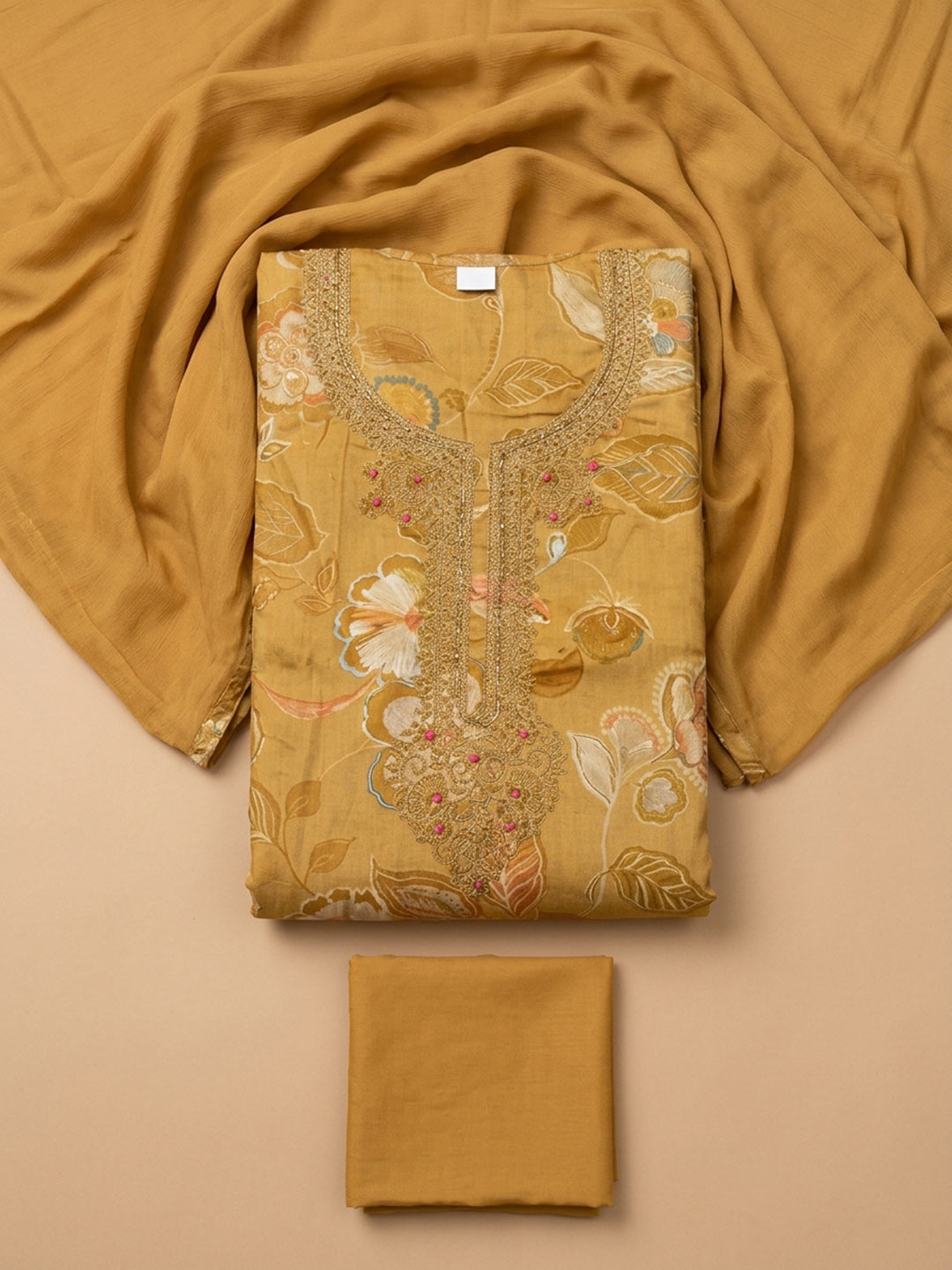 Mustard Embroidery Cotton Blend Unstitched Dress Material