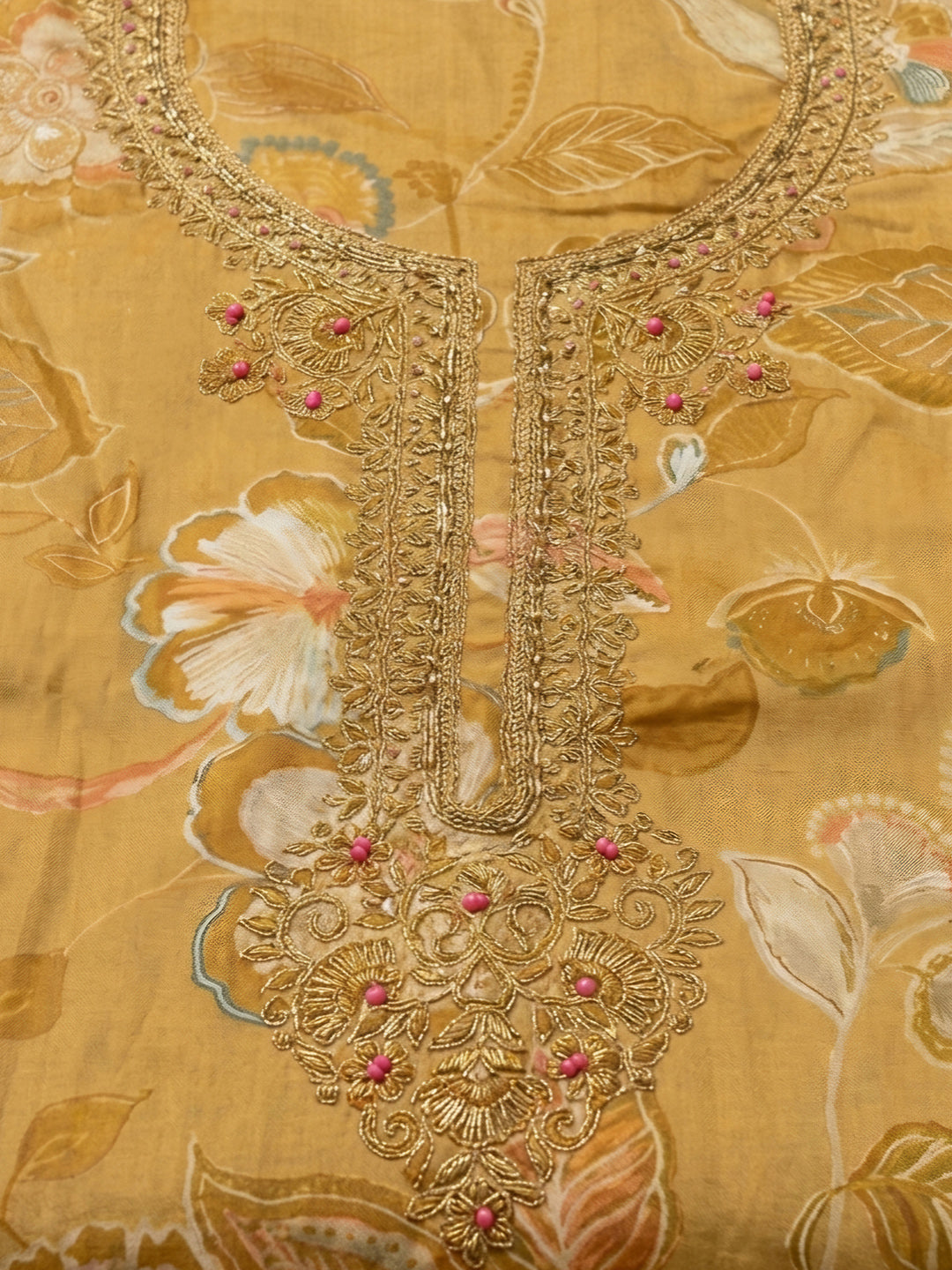 Mustard Embroidery Cotton Blend Unstitched Dress Material
