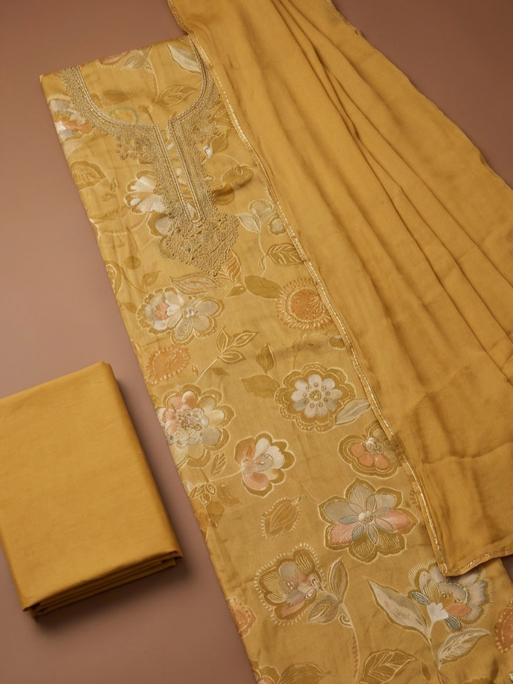 Mustard Embroidery Cotton Blend Unstitched Dress Material